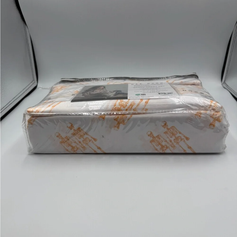 Rae Dunn White Sheet Set with Orange Skeleton Print - Queen
